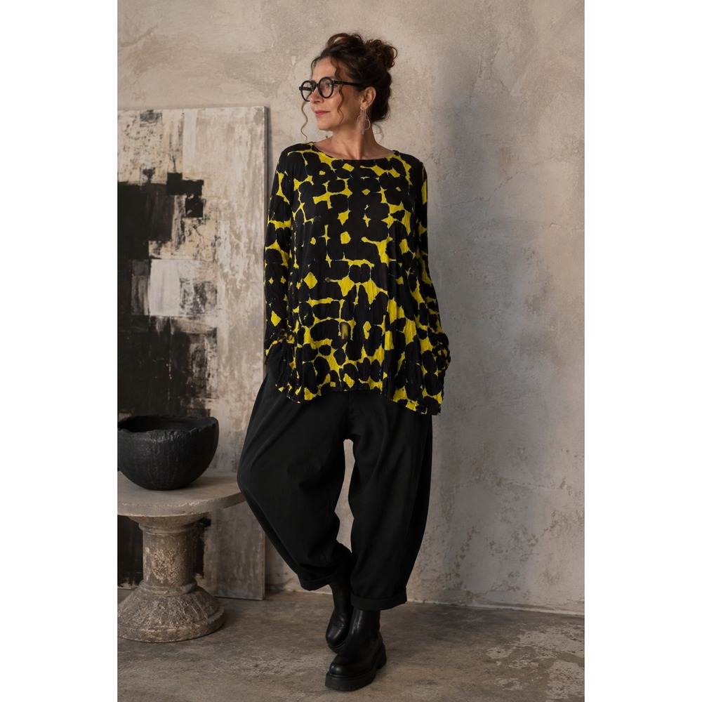 Rare Alembika Abstract Wrinkle Tunic Top Black Yellow M Artsy Lagenlook Funky